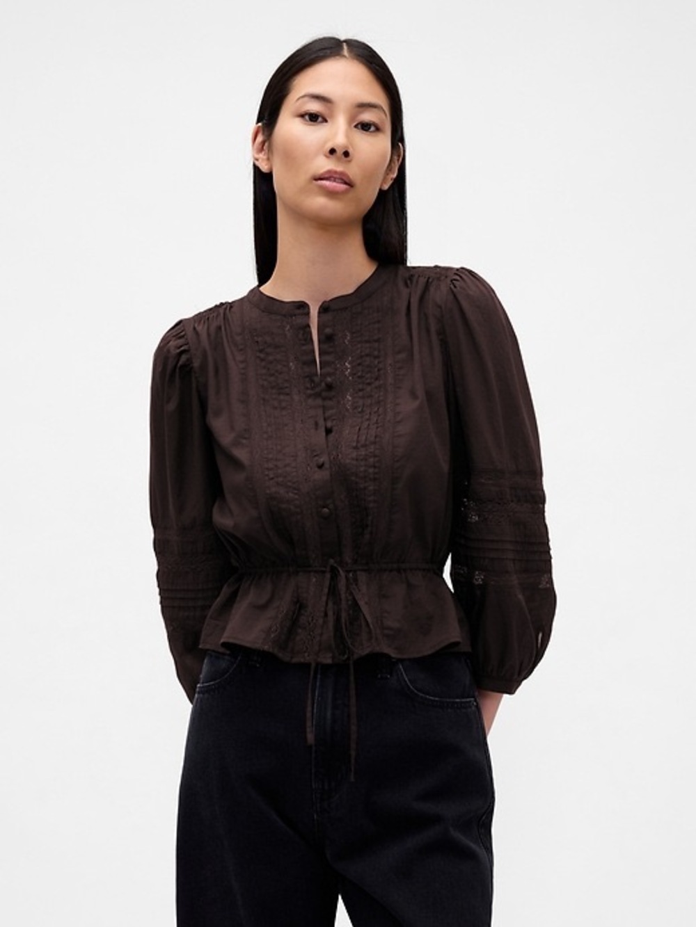 GAP Lace Trim Voile Top Peasant Blouse Brown Button Front Tie 100% Cotton Large